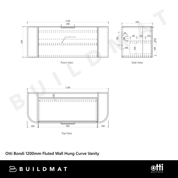 Otti Bondi 1200mm Black Oak Fluted Wall Hung Curve Vanity