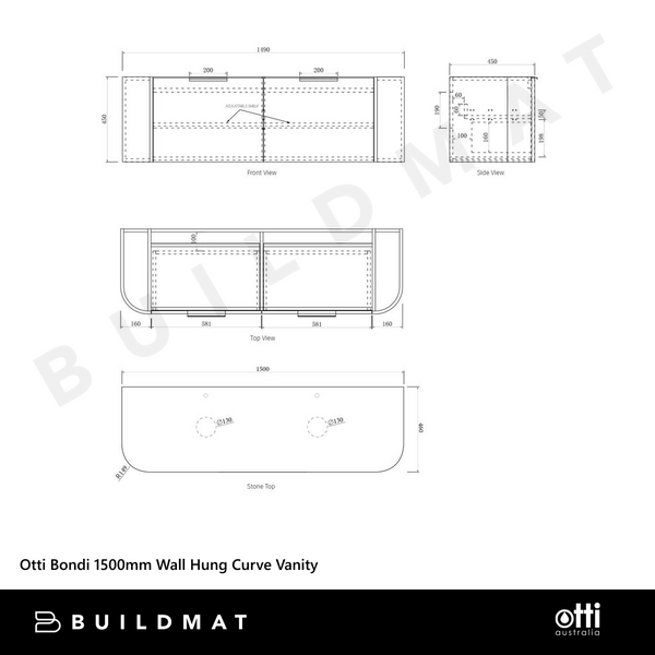 Otti Bondi 1500mm Natural Oak Wall Hung Curve Vanity