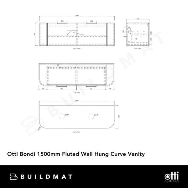 Otti Bondi 1500mm Satin White Fluted Wall Hung Curve Vanity
