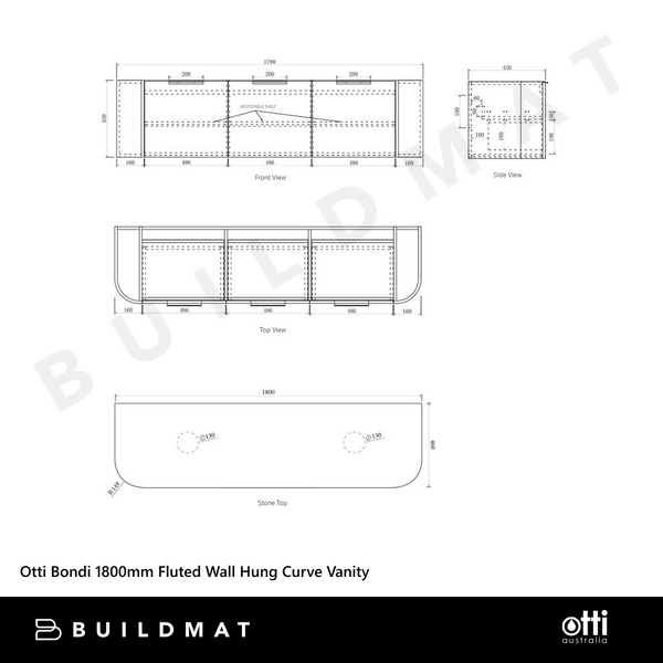 Otti Bondi 1800mm Black Oak Fluted Wall Hung Curve Vanity
