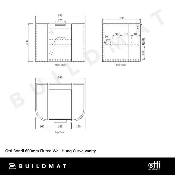 Otti Bondi 600mm Black Oak Fluted Wall Hung Curve Vanity