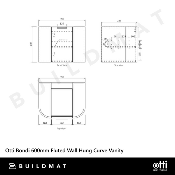 Otti Bondi 600mm Satin White Fluted Wall Hung Curve Vanity