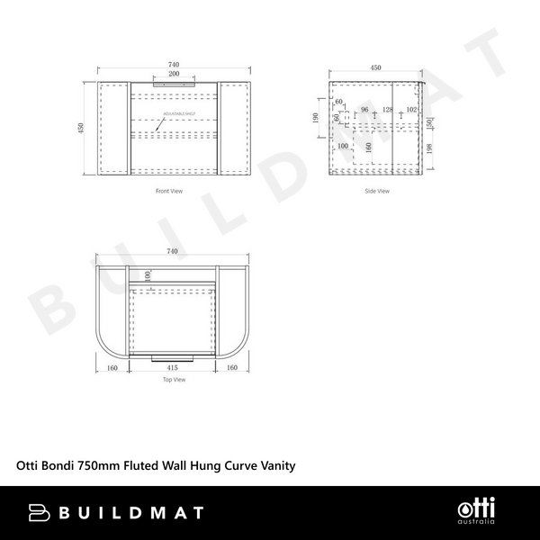 Otti Bondi 750mm Black Oak Fluted Wall Hung Curve Vanity