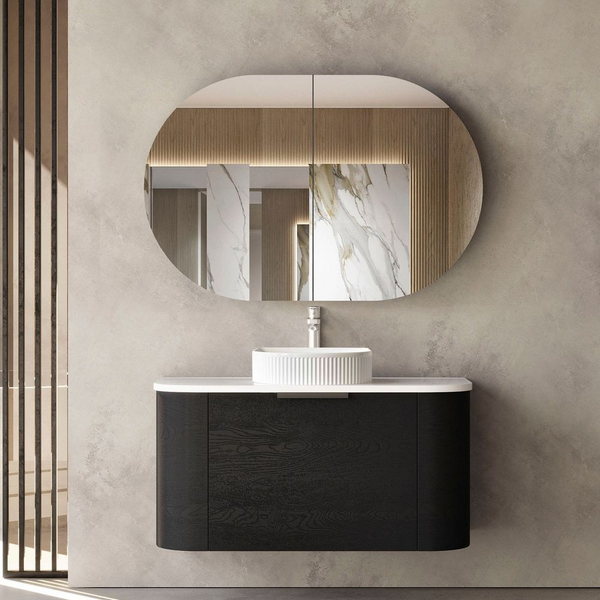 Otti Bondi 900mm Black Oak Fluted Wall Hung Curve Vanity