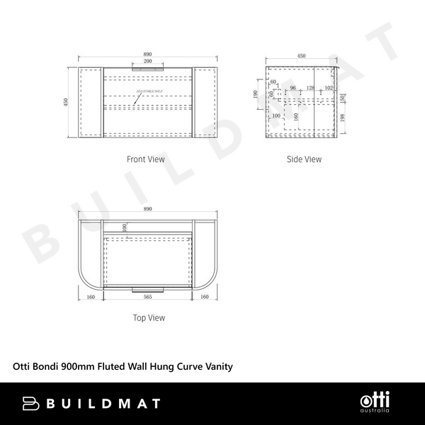 Otti Bondi 900mm Natural Oak Fluted Wall Hung Curve Vanity