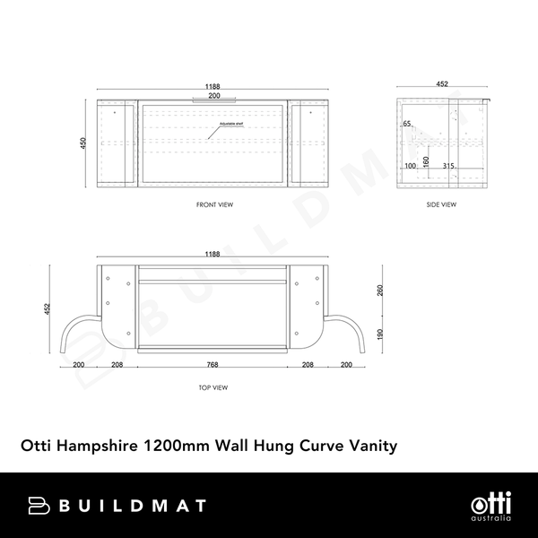 Otti Hampshire 1200mm Satin White Wall Hung Curve Vanity