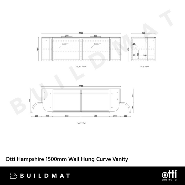 Otti Hampshire 1500mm Satin Black Wall Hung Double Bowl Curve Vanity