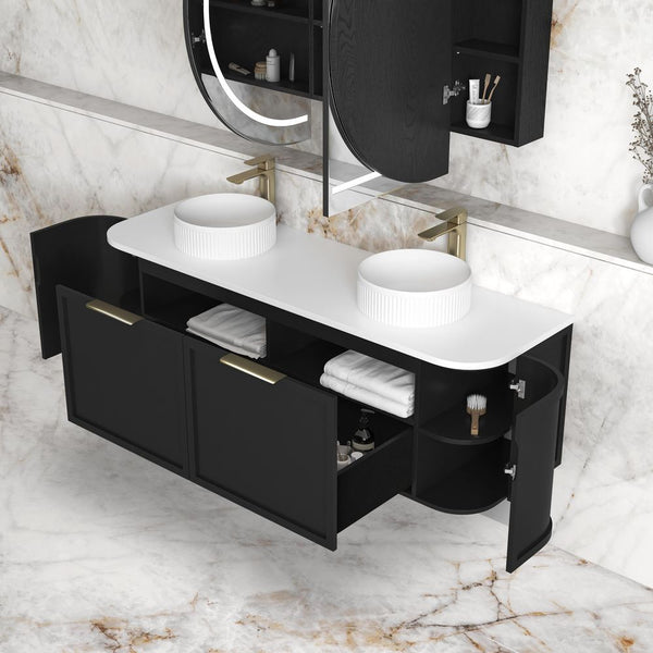 Otti Hampshire 1500mm Satin Black Wall Hung Double Bowl Curve Vanity