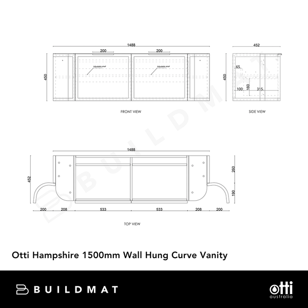 Otti Hampshire 1500mm Satin Black Wall Hung Double Bowl Curve Vanity