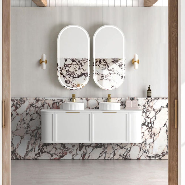 Otti Hampshire 1500mm Satin White Wall Hung Double Bowl Curve Vanity