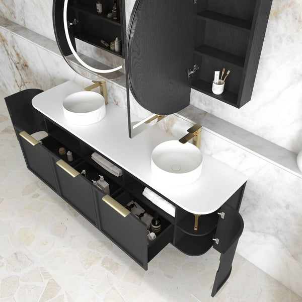 Otti Hampshire 1800mm Satin Black Wall Hung Double Bowl Curve Vanity