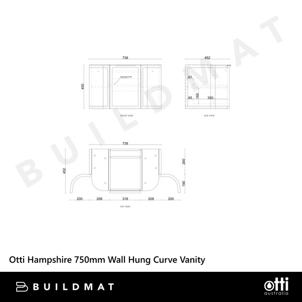 Otti Hampshire 750mm Satin White Wall Hung Curve Vanity