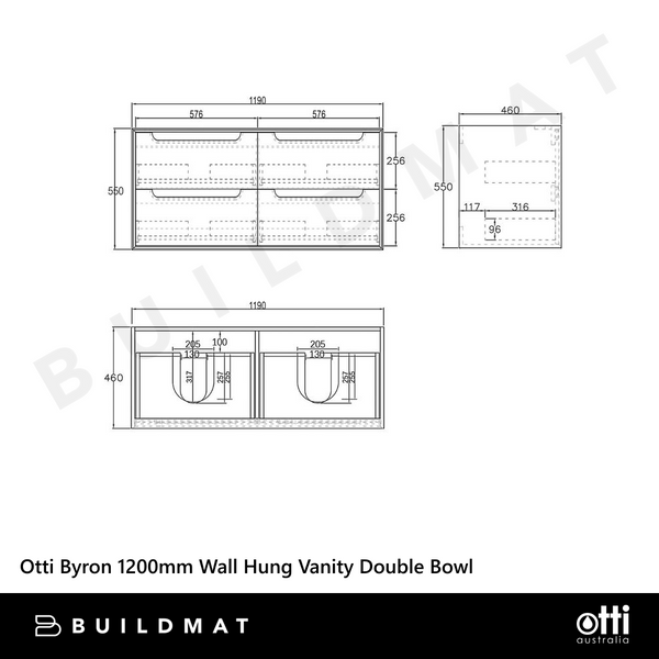 Otti Byron 1200mm Black Oak Wall Hung Vanity with Natural Carrara Marble Top and Double Bowl Undermount Basin