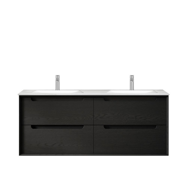 Otti Byron 1200mm Black Oak Wall Hung Vanity with Natural Carrara Marble Top and Double Bowl Undermount Basin