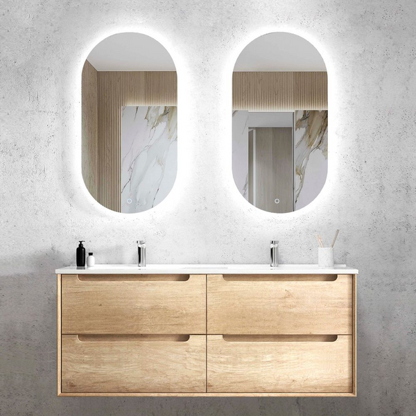 Otti Byron 1200mm Natural Oak Wall Hung Vanity with Natural Carrara Marble Top and Double Bowl Undermount Basin
