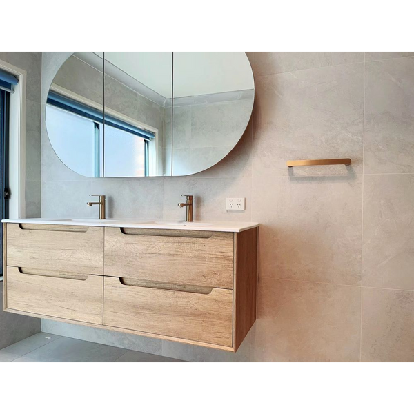 Otti Byron 1200mm Natural Oak Wall Hung Vanity with Natural Carrara Marble Top and Double Bowl Undermount Basin