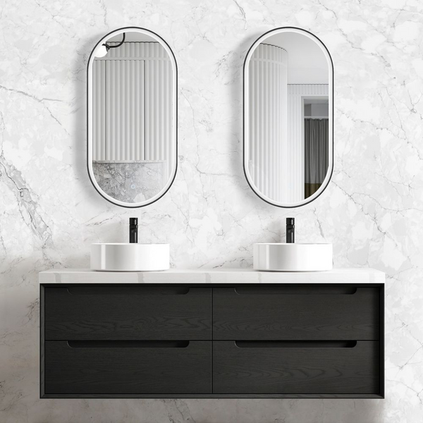 Otti Byron 1500mm Black Oak Wall Hung Vanity with Natural Carrara Marble Top and Double Bowl Undermount Basin