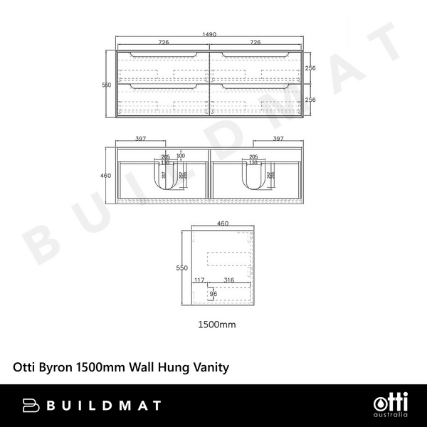 Otti Byron 1500mm Black Oak Wall Hung Vanity with Natural Carrara Marble Top and Double Bowl Undermount Basin