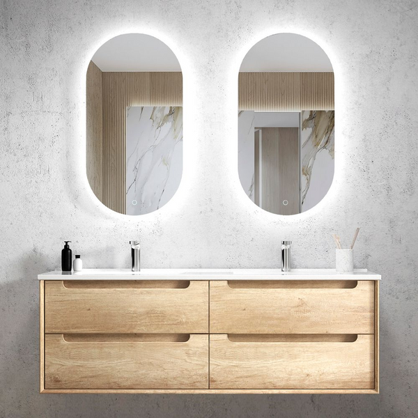Otti Byron 1500mm Natural Oak Wall Hung Vanity with Natural Carrara Marble Top and Double Bowl Undermount Basin