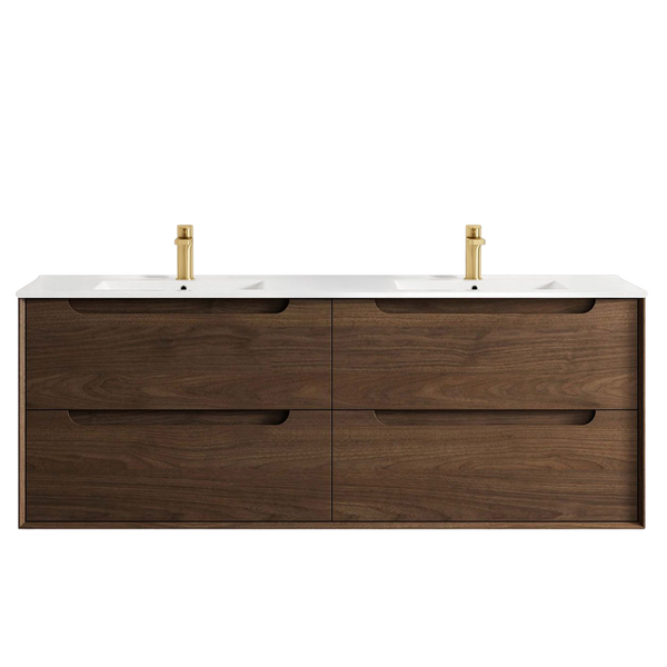 Otti Byron 1500mm Sable Walnut Wall Hung Vanity with Undermount Natural Carrara Marble Top
