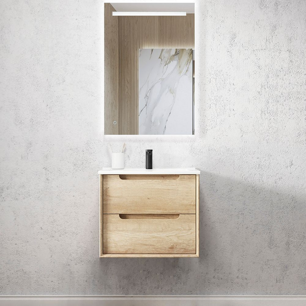Otti Byron 600mm Natural Oak Wall Hung Vanity with Natural Carrara Marble Top and Undermount Basin