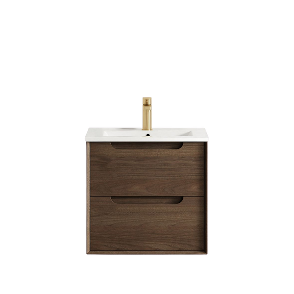 Otti Byron 600mm Sable Walnut Wall Hung Vanity with Undermount Natural Carrara Marble Top