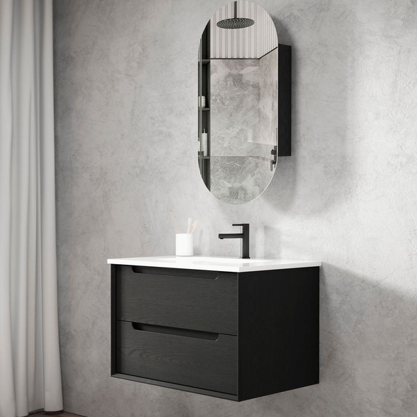 Otti Byron 750mm Black Oak Wall Hung Vanity with Natural Carrara Marble Top and Undermount Basin