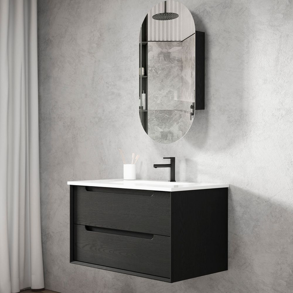 Otti Byron 900mm Black Oak Wall Hung Vanity with Natural Carrara Marble Top and Undermount Basin