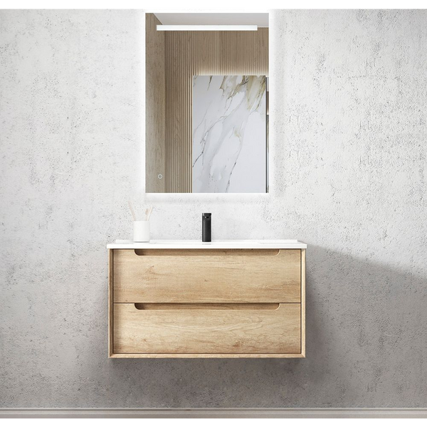 Otti Byron 900mm Natural Oak Wall Hung Vanity with Natural Carrara Marble Top and Undermount Basin