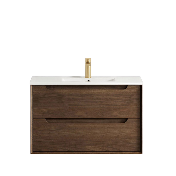 Otti Byron 900mm Sable Walnut Wall Hung Vanity with Undermount Natural Carrara Marble Top