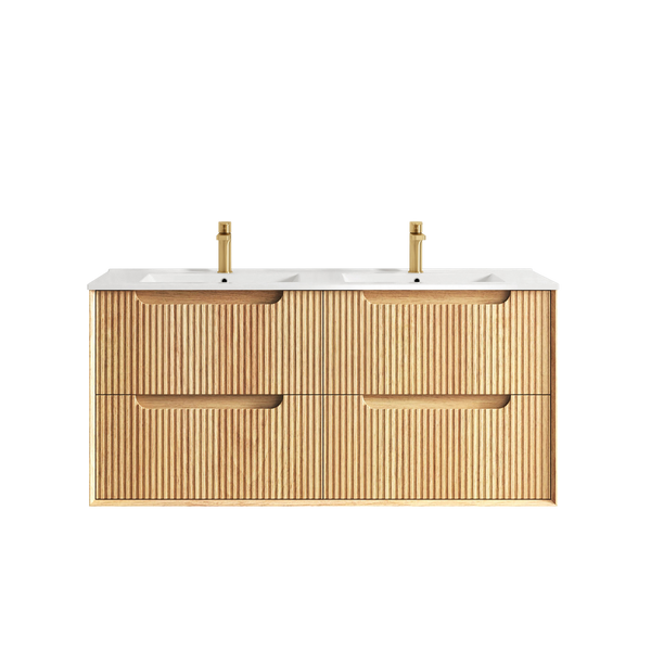 Otti Byron Fluted 1200mm Woodland Oak Wall Hung Vanity with Four Drawers and Natural Carrara Top and Undermount Basin