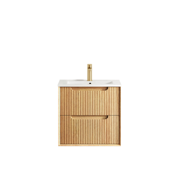 Otti Byron Fluted 600mm Woodland Oak Wall Hung Vanity with Natural Carrara Top and Undermount Basin