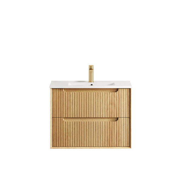 Otti Byron Fluted 750mm Woodland Oak Wall Hung Vanity with Natural Carrara Top and Undermount Basin