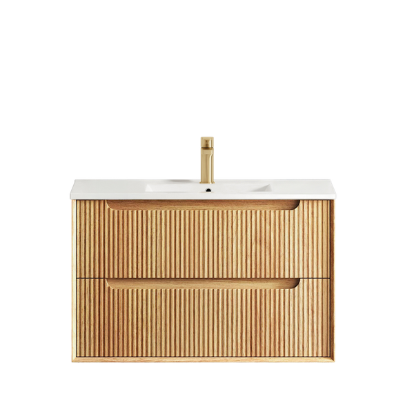 Otti Byron Fluted 900mm Woodland Oak Wall Hung Vanity with Natural Carrara Top and Undermount Basin