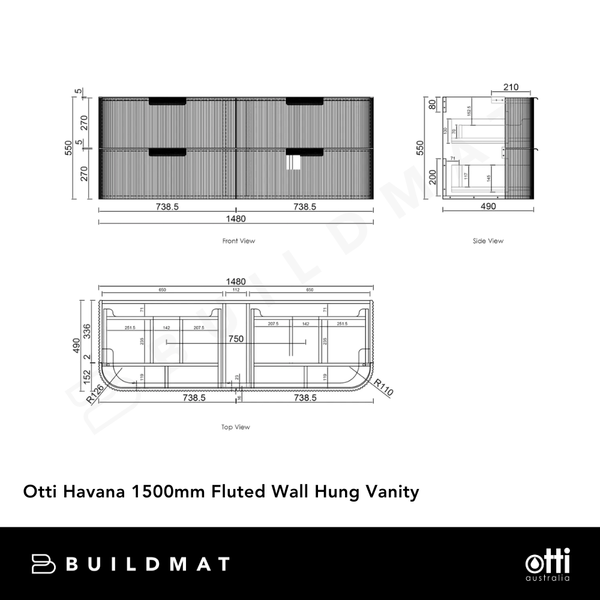 Otti Havana 1500mm Sable Walnut Fluted Wall Hung Vanity