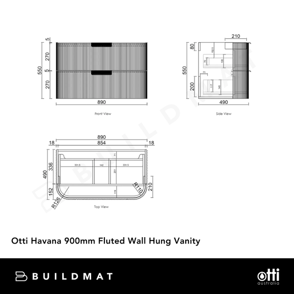 Otti Havana 900mm Sable Walnut Fluted Wall Hung Vanity