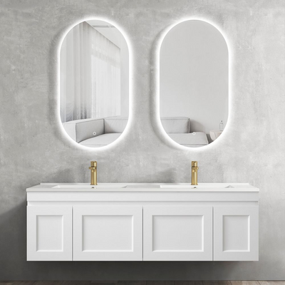 Otti Hampton Mark II 1500mm Satin White Wall Hung Vanity with Natural Carrara Marble Top and Double Bowl Undermount Basin