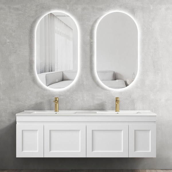 Otti Hampton Mark II 1500mm Satin White Wall Hung Vanity with Natural Carrara Marble Top and Double Bowl Undermount Basin