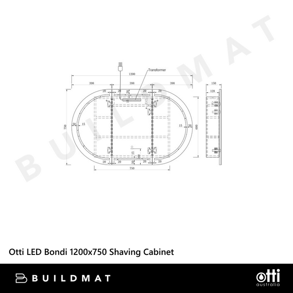 Otti LED Bondi 1200mm Black Oak Shaving Cabinet