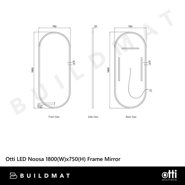 Otti LED Noosa 1800mm White Metal Frame Mirror Install Horizontal or Vertical