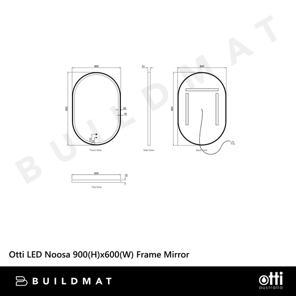 Otti LED Noosa 900mm Black Metal Frame Mirror Install Horizontal or Vertical