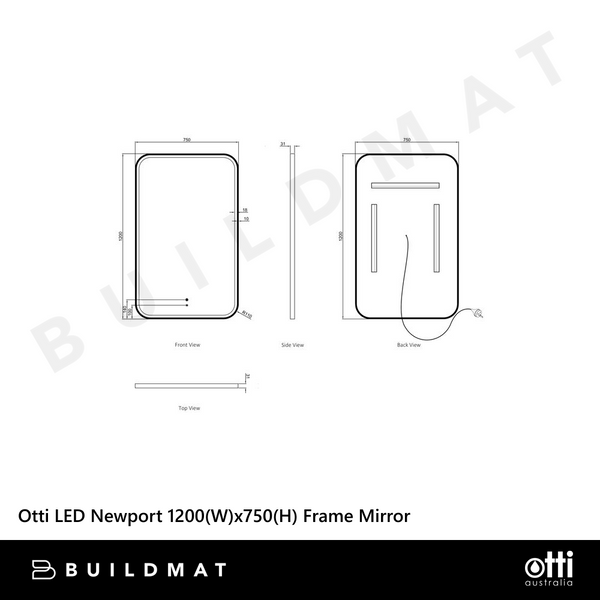 Otti LED Newport 1200mm Black Metal Frame Mirror Install Horizontal or Vertical
