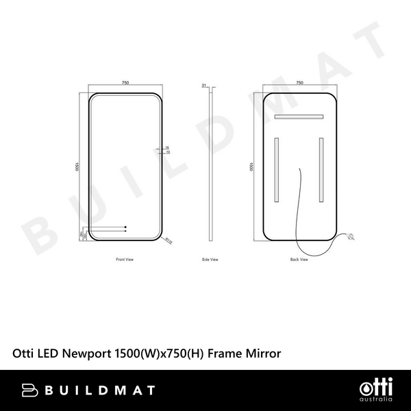 Otti LED Newport 1500mm Black Metal Frame Mirror Install Horizontal or Vertical