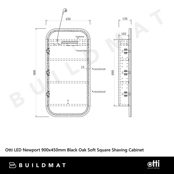 Otti Newport LED 900x450mm Shaving Cabinet Soft Square Black Oak