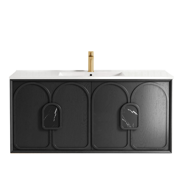 Otti Laguna Mark II 1200mm Black Oak Wall Hung Vanity with Natural Carrara Top and Undermount Basin