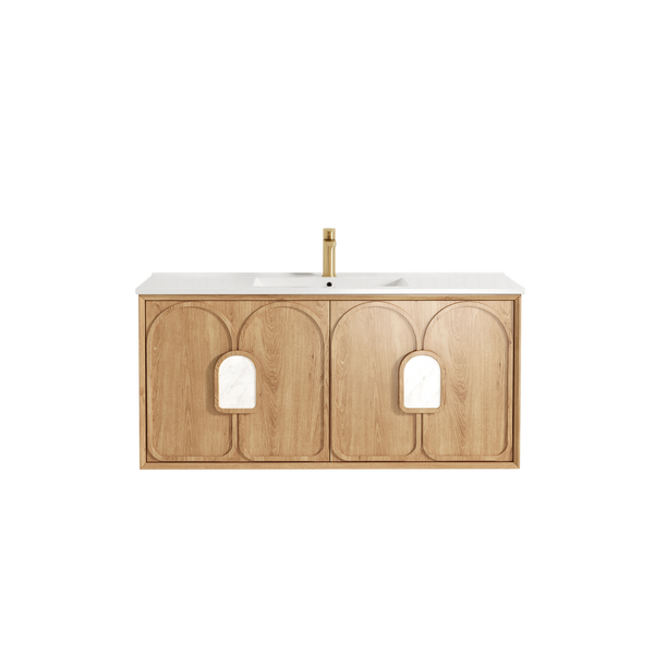 Otti Laguna Mark II 1200mm Woodland Oak Wall Hung Vanity with Natural Carrara Top and Undermount Basin