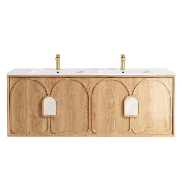 Otti Laguna Mark II 1500mm Woodland Oak Wall Hung Vanity with Natural Carrara Top and Undermount Basin