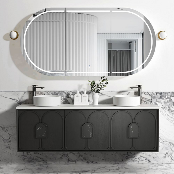 Otti Laguna Mark II 1800mm Black Oak Wall Hung Vanity with Natural Carrara Top and Undermount Basin