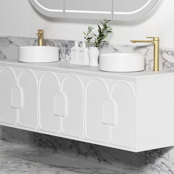 Otti Laguna Mark II 1800mm Matte White Wall Hung Vanity with Natural Carrara Top and Undermount Basin