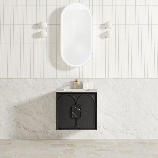 Otti Laguna Mark II 600mm Black Oak Wall Hung Vanity with Natural Carrara Top and Undermount Basin